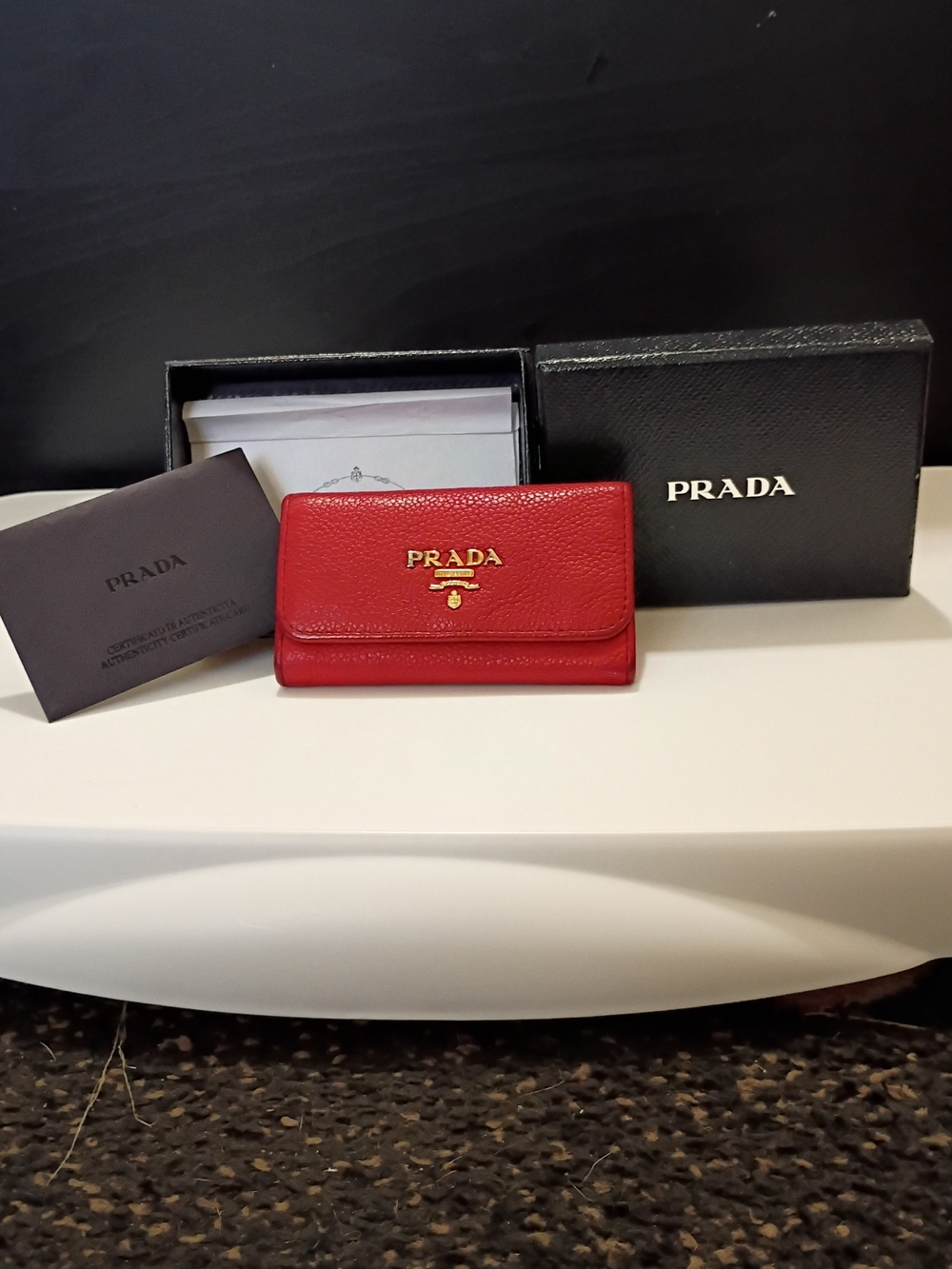 Prada Red Saffiano Leather Key Holder with Gold Logo